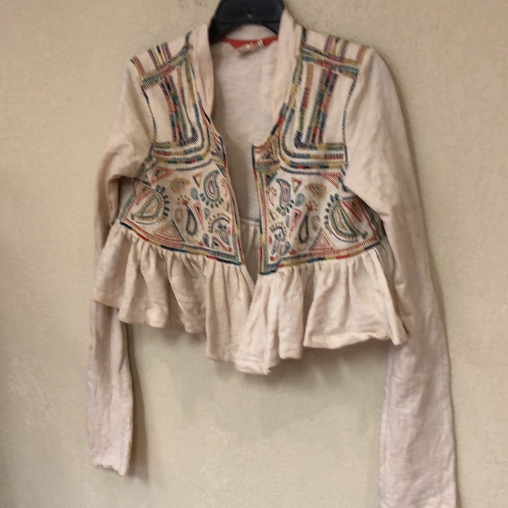 Vintage Anthropologie Embroidered Cream Peplum Cardigan with Multicolor Paisley - Picture 3 of 9